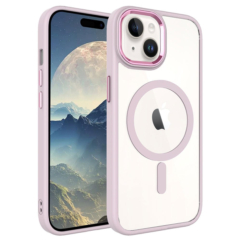 iPhone 15 Plus Kılıf Wireless Şarj Özellikli Krom Magsafe Silikon Kapak Kılıf Pembe Açık