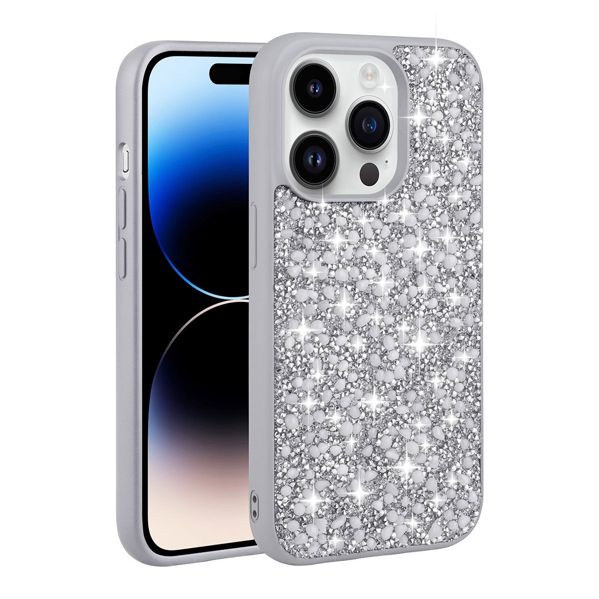 iPhone 14 Pro Max Kılıf Parlak Taşlı Tasarım Linea Kapak kılıf Gümüş