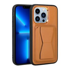 iPhone 12 Pro Max Kılıf Kartlıklı Standlı ​Pu Deri  Memo Kapak Kahve Açık