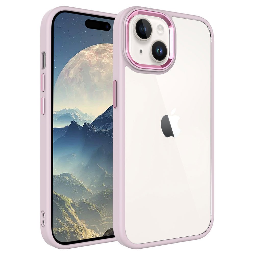 iPhone 15 Plus Kılıf Renkli Silikon Kenarlı Krom Kapak Pembe Açık