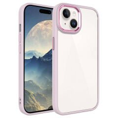 iPhone 15 Plus Kılıf Renkli Silikon Kenarlı Krom Kapak Pembe Açık