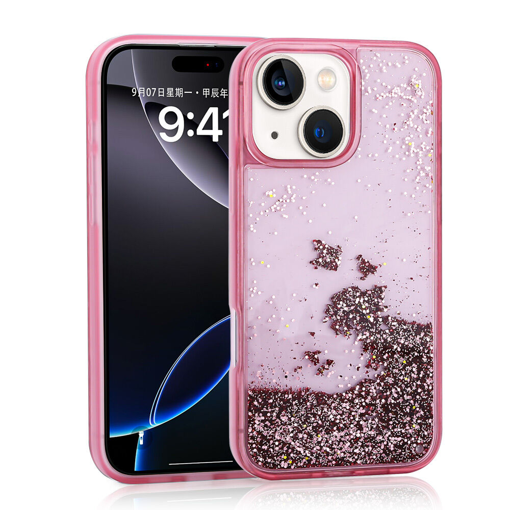 iPhone 15 Kılıf Sıvılı Simli Şeffaf Arka Yüzey Keto Silikon Kapak Pembe