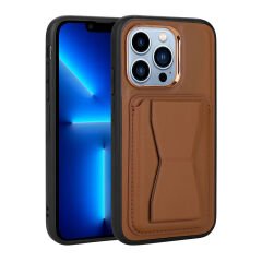 iPhone 12 Pro Max Kılıf Kartlıklı Standlı ​Pu Deri  Memo Kapak Kahverengi