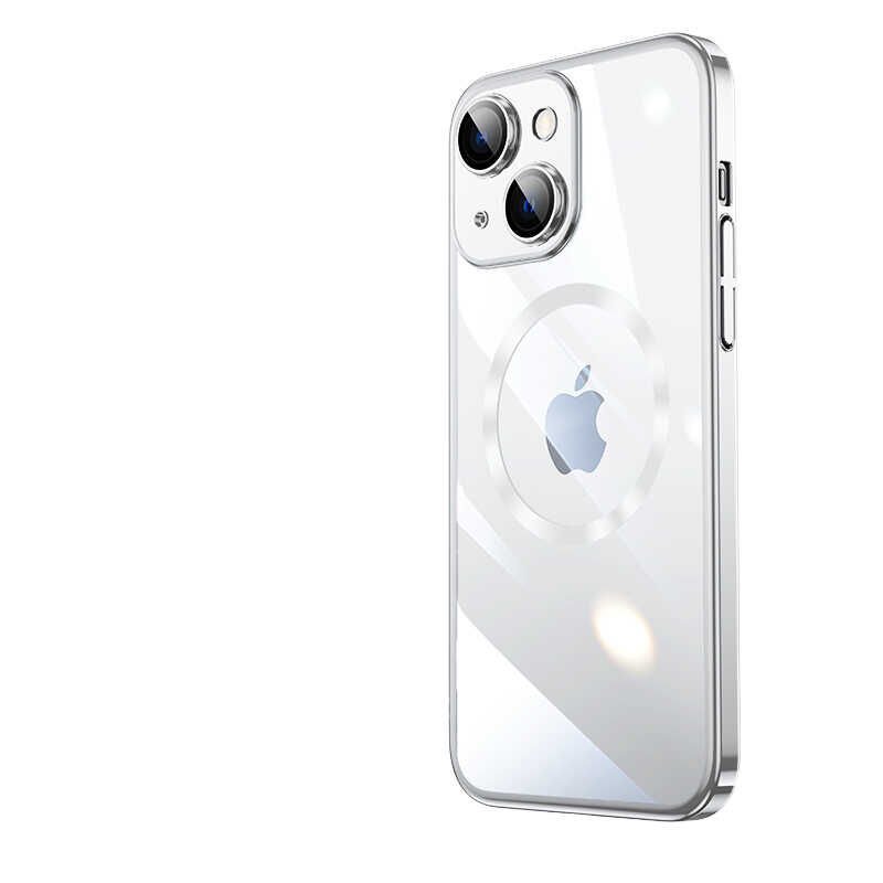 iPhone 14 Kılıf Wireless Şarj Özellikli Sert PC Riksos Magsafe Kapak Gümüş