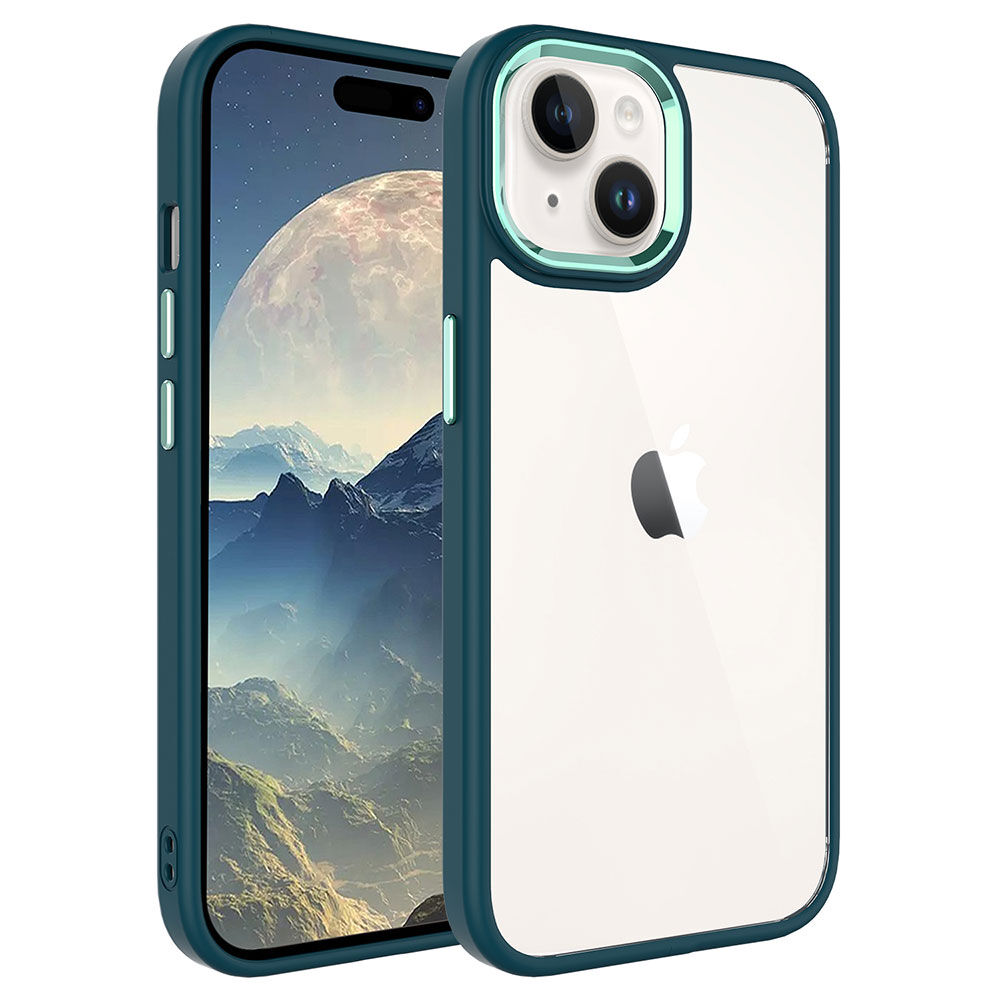 iPhone 15 Plus Kılıf Renkli Silikon Kenarlı Krom Kapak Koyu Yeşil