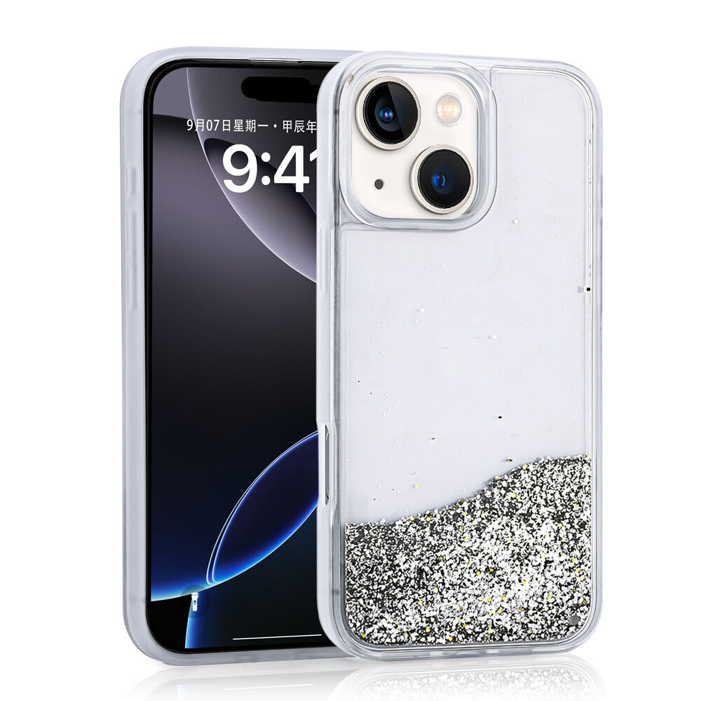 iPhone 15 Kılıf Sıvılı Simli Şeffaf Arka Yüzey Keto Silikon Kapak Gümüş
