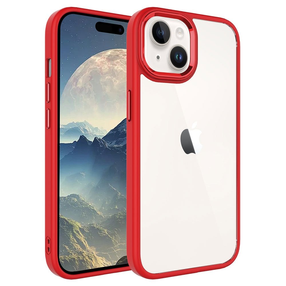 iPhone 15 Plus Kılıf Renkli Silikon Kenarlı Krom Kapak Kırmızı