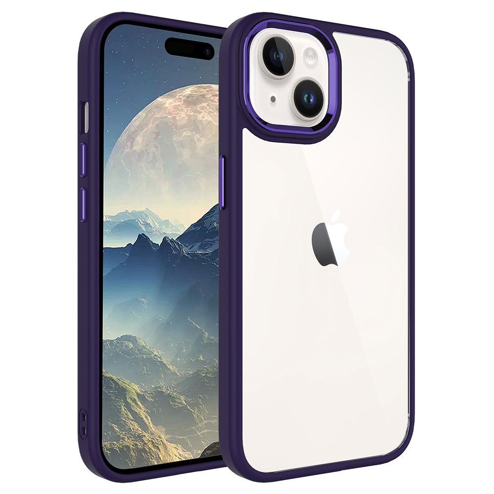 iPhone 15 Plus Kılıf Renkli Silikon Kenarlı Krom Kapak Derin Mor