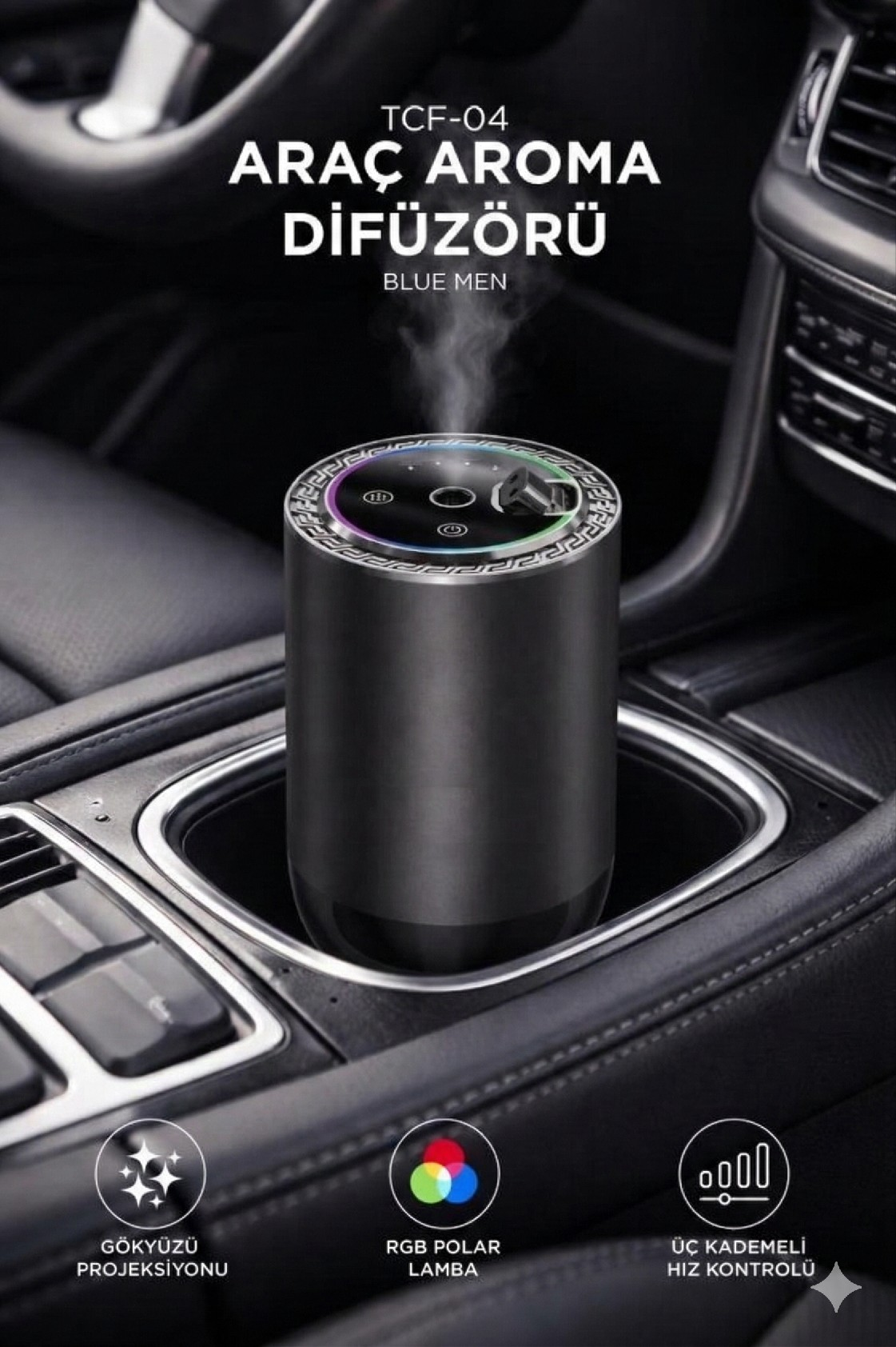 Araç İçi Aroma Difüzörü Hava Nemlendirici Rgb Işıklı Şarjlı Oda ve Araba Kokusu TCF04
