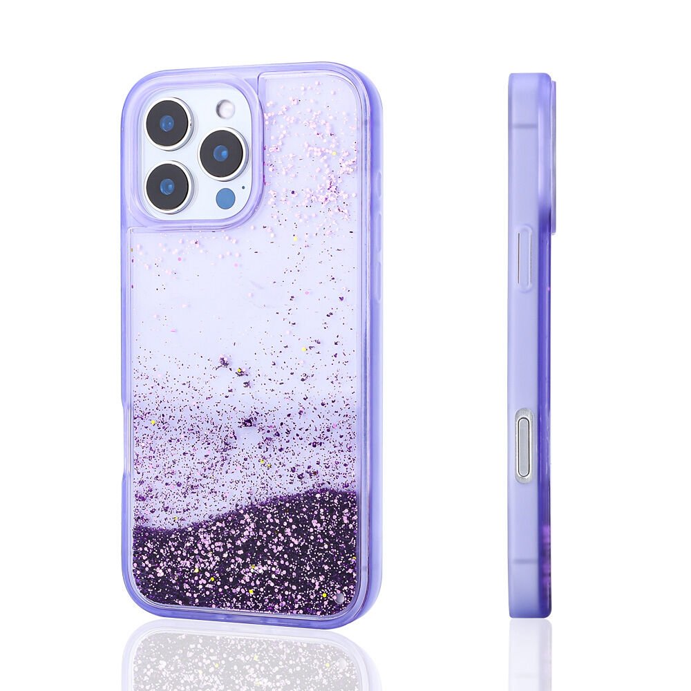 iPhone 15 Pro Max Kılıf Sıvılı Simli Şeffaf Arka Yüzey Keto Silikon Kapak Mor