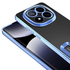 Xiaomi Poco X7 Kılıf Logo Gösteren Parlak Kenarlı Kamera Lens Korumalı Şeffaf Omega Silikon Kapak Sierra Mavi