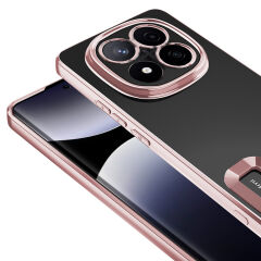 Xiaomi Poco X7 Kılıf Logo Gösteren Parlak Kenarlı Kamera Lens Korumalı Şeffaf Omega Silikon Kapak Gold