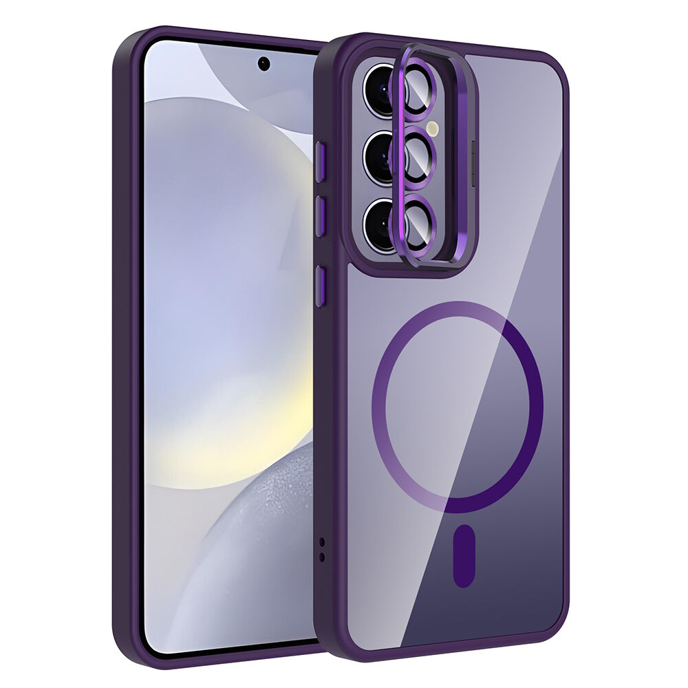 Samsung Galaxy S24 Plus Kılıf Standlı ve Kamera Lens Hediyeli Kablosuz Şarj Özellikli Etro Kapak Derin Mor