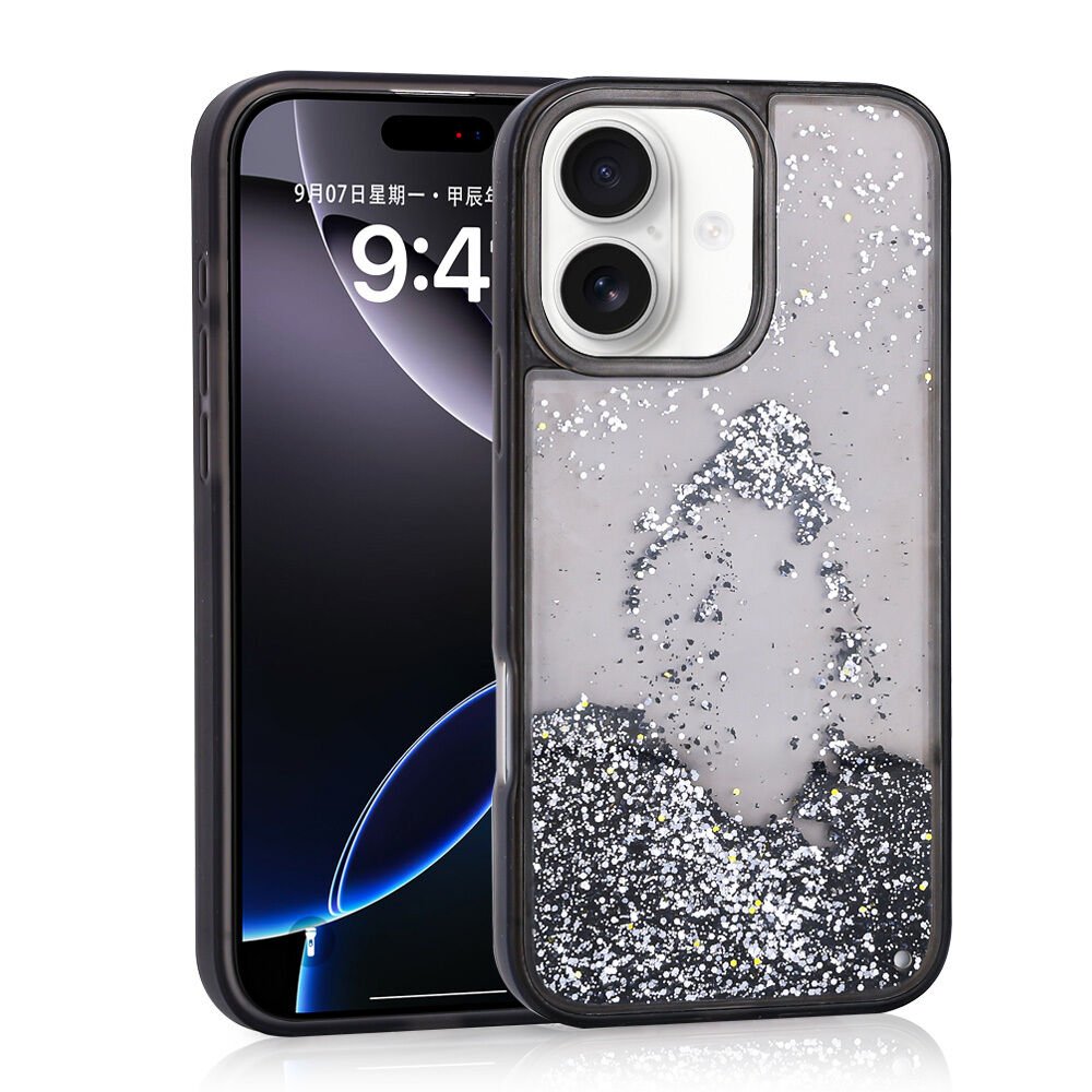 iPhone 16 Kılıf Sıvılı Simli Şeffaf Arka Yüzey Keto Silikon Kapak Siyah