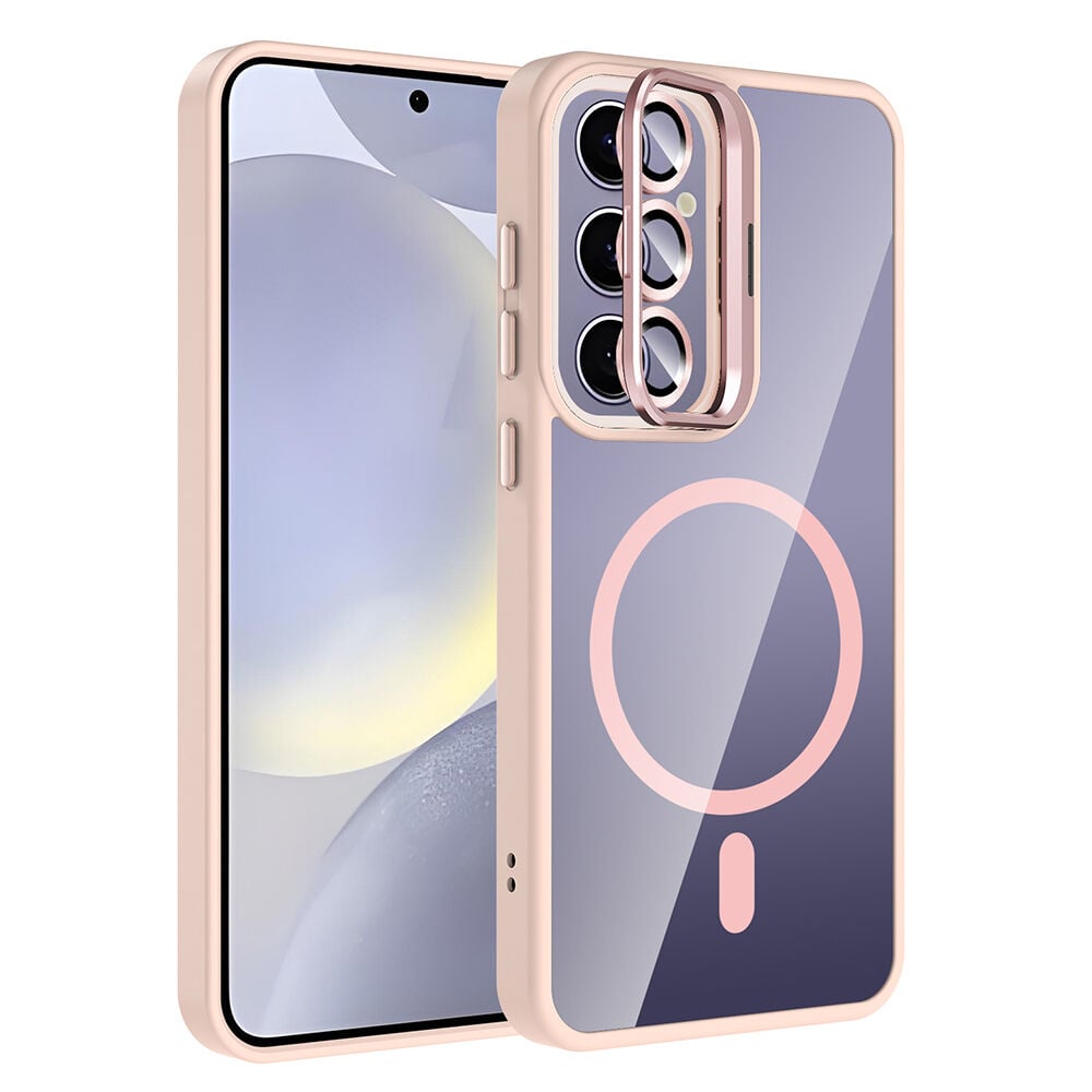 Samsung Galaxy S24 Plus Kılıf Standlı ve Kamera Lens Hediyeli Kablosuz Şarj Özellikli Etro Kapak Pembe