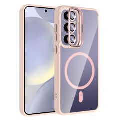 Samsung Galaxy S24 Plus Kılıf Standlı ve Kamera Lens Hediyeli Kablosuz Şarj Özellikli Etro Kapak Pembe
