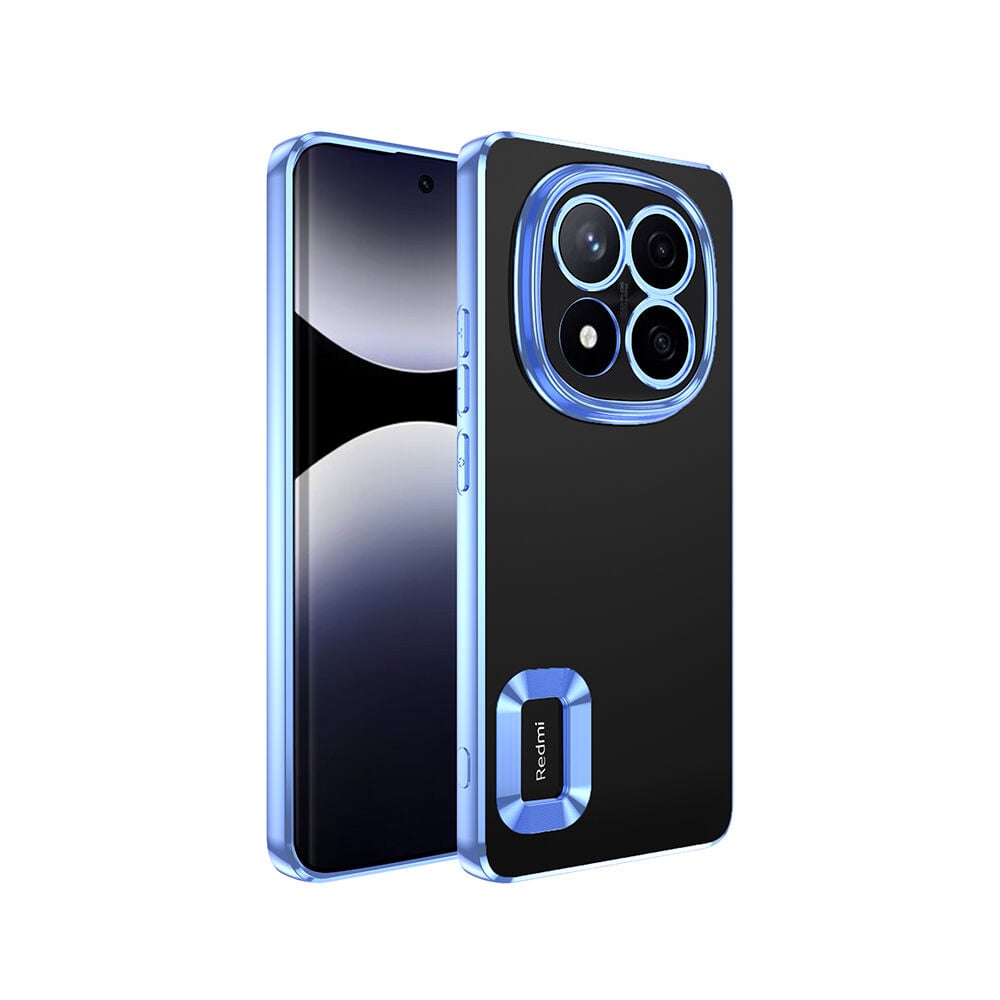 Xiaomi Poco X7 Kılıf Logo Gösteren Parlak Kenarlı Kamera Lens Korumalı Şeffaf Omega Silikon Kapak Sierra Mavi