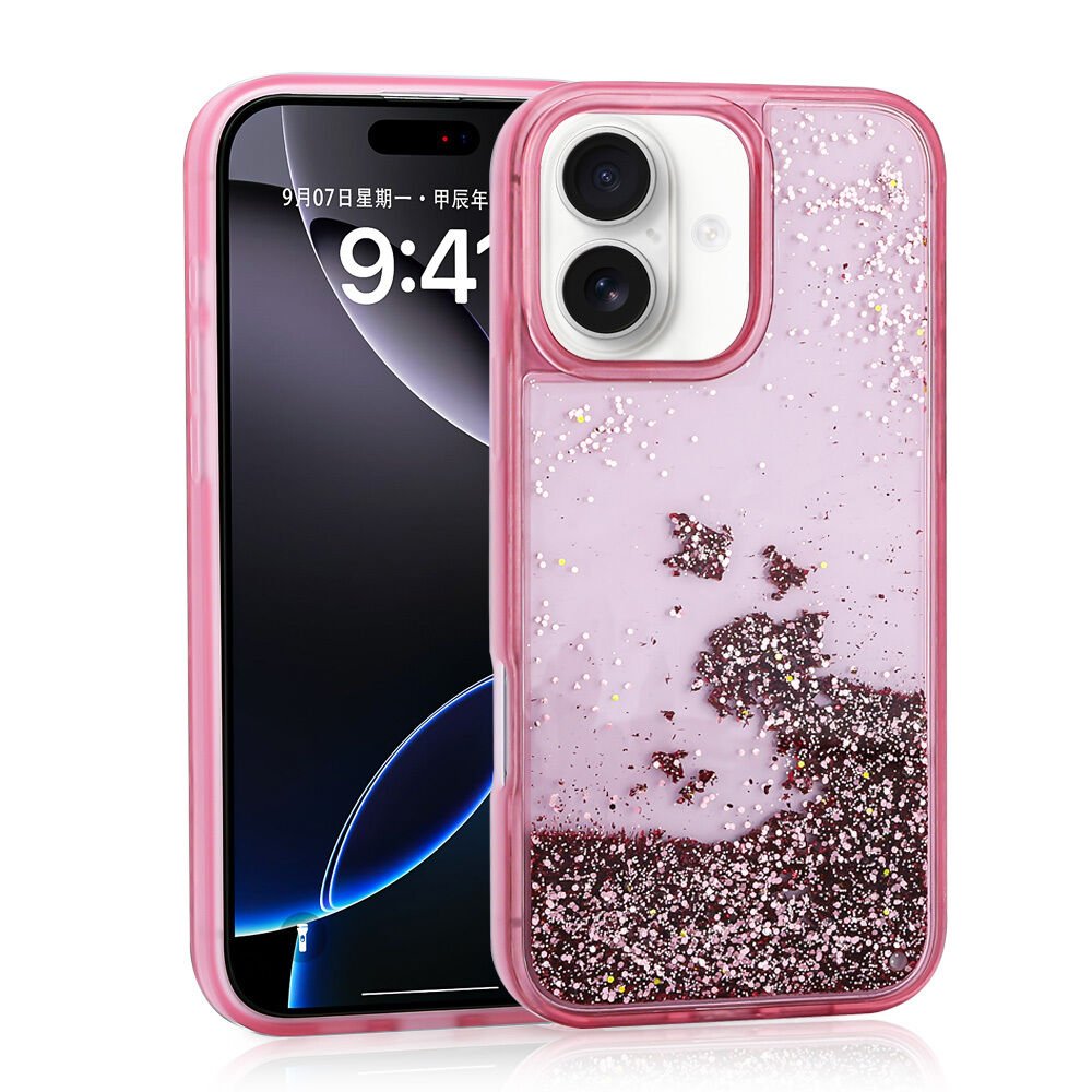 iPhone 16 Kılıf Sıvılı Simli Şeffaf Arka Yüzey Keto Silikon Kapak Pembe