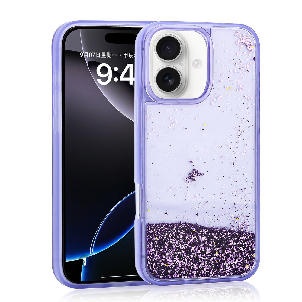 iPhone 16 Kılıf Sıvılı Simli Şeffaf Arka Yüzey Keto Silikon Kapak Mor