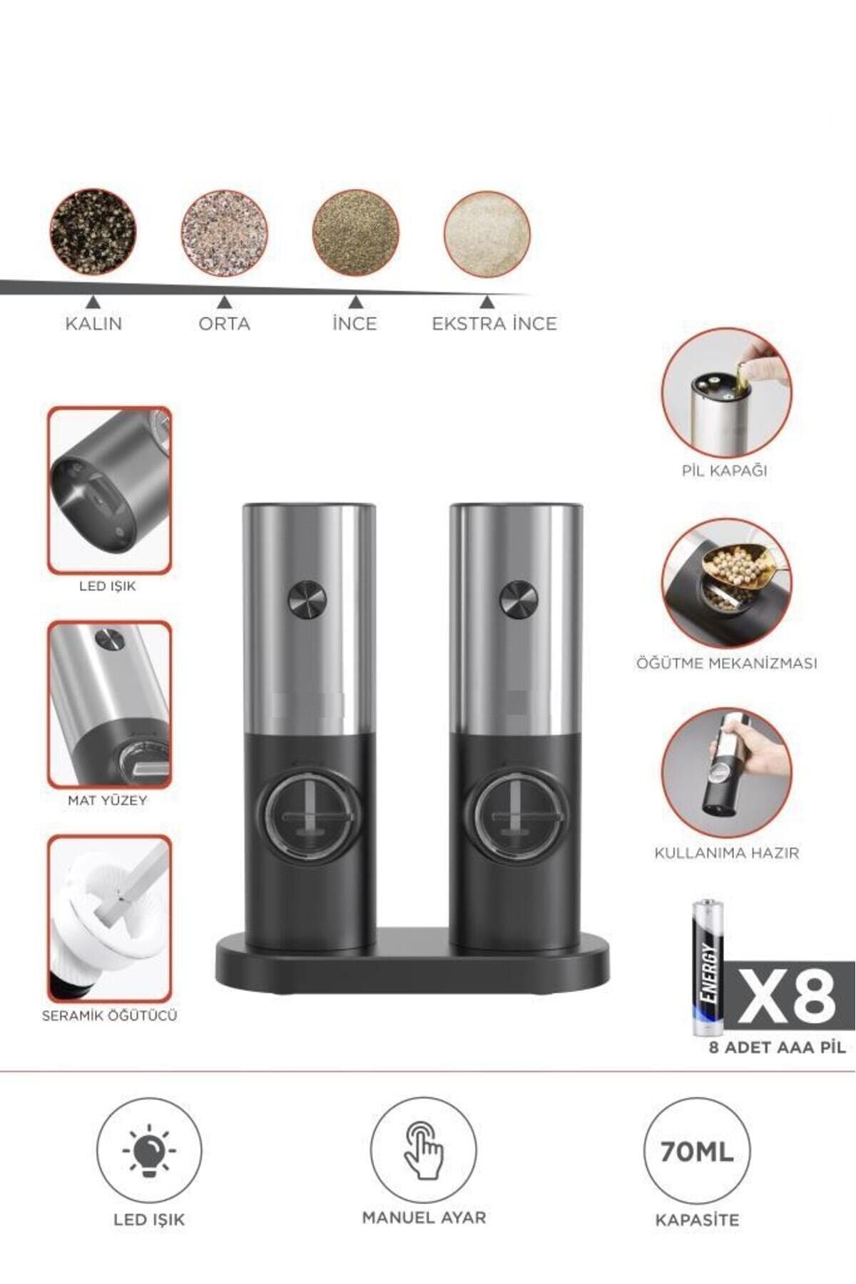 Elektrikli Otomatik Tuz Karabiber Değirmeni Pilli Işıklı Baharat Öğütücü Siyah