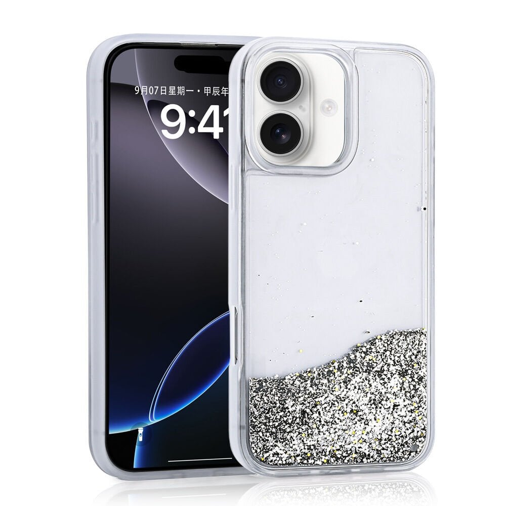 iPhone 16 Kılıf Sıvılı Simli Şeffaf Arka Yüzey Keto Silikon Kapak Gümüş