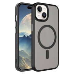 iPhone 15 Plus Kılıf Mat Arka Yüzey Wireless Şarj Özellikli Flet Magsafe Kapak Siyah