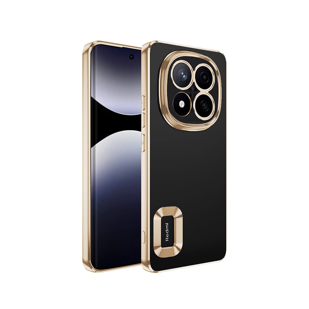 Xiaomi Poco X7 Kılıf Logo Gösteren Parlak Kenarlı Kamera Lens Korumalı Şeffaf Omega Silikon Kapak Gold