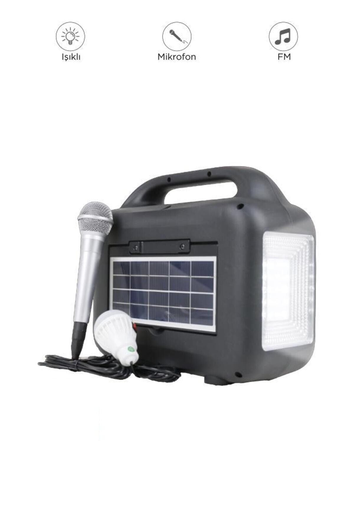 1769 Mikrofon,1 Led Ampül ve Fenerli Bluetooth Hoparlör Güneş Panelli Powerbank Kamp Hopa