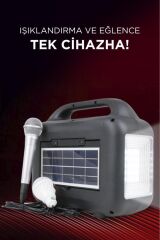 1769 Mikrofon,1 Led Ampül ve Fenerli Bluetooth Hoparlör Güneş Panelli Powerbank Kamp Hopa