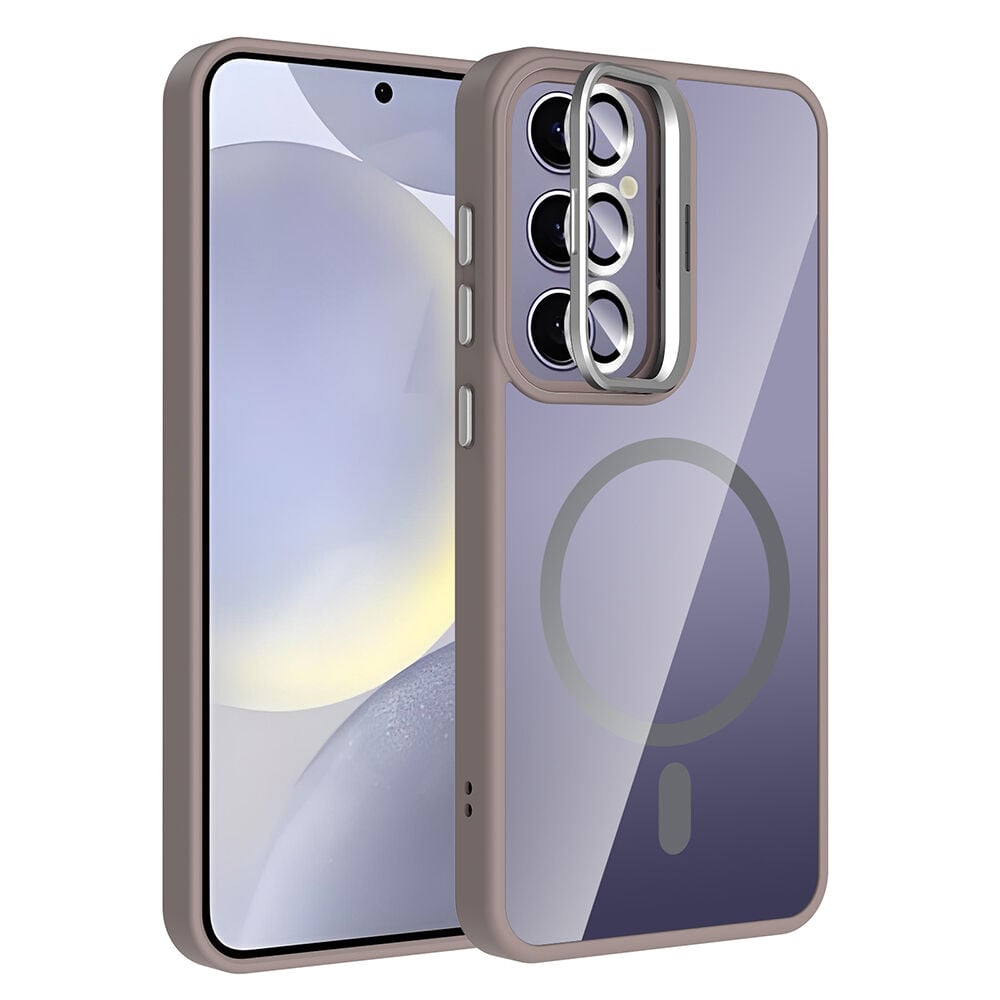Samsung Galaxy S25 Plus Kılıf Standlı ve Kamera Lens Hediyeli Kablosuz Şarj Özellikli Etro Kapak Gri