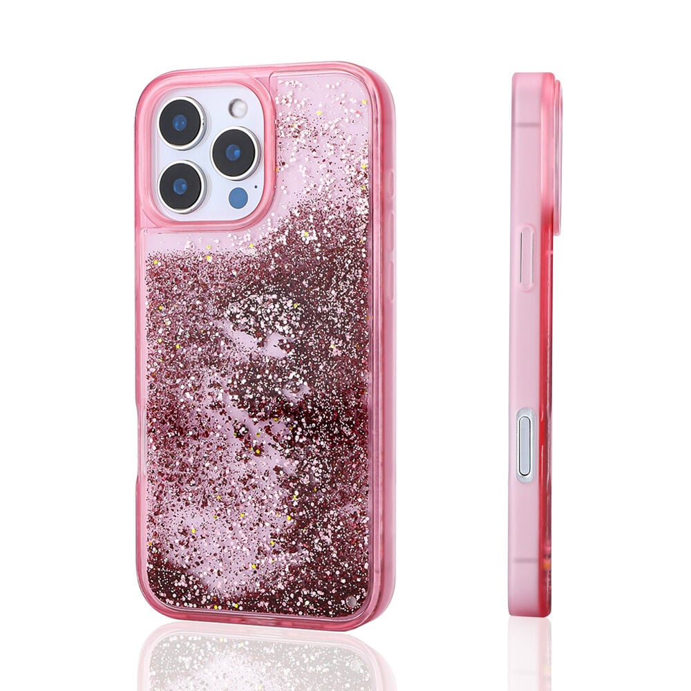 iPhone 16 Pro Max Kılıf Sıvılı Simli Şeffaf Arka Yüzey Keto Silikon Kapak Pembe