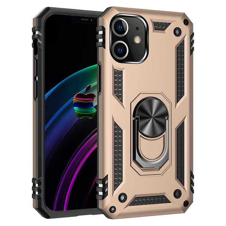 iPhone 12 Mini Kılıf Vega Tank Sert Yüzüklü Standlı Zırh Koruma Kapak Gold