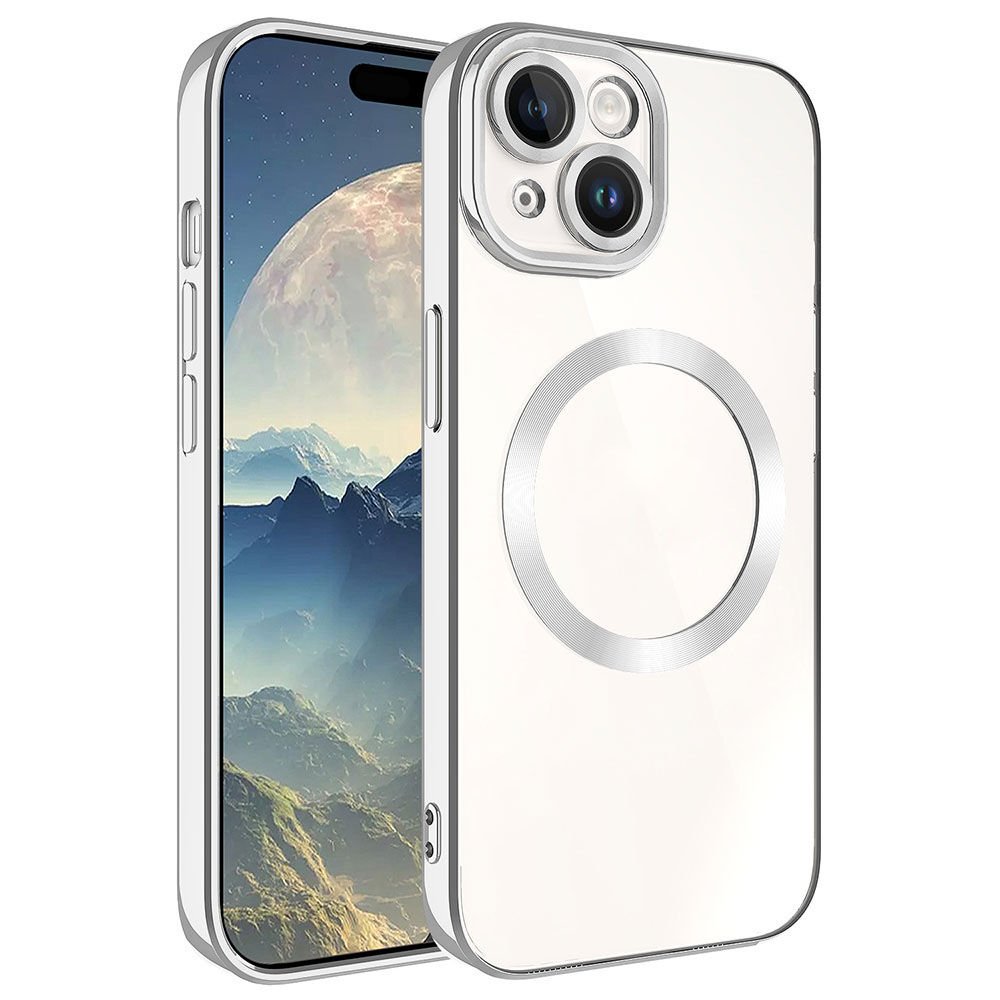 iPhone 15 Kılıf Magsafe Wireless Şarj Özellikli Setro Silikon Gümüş