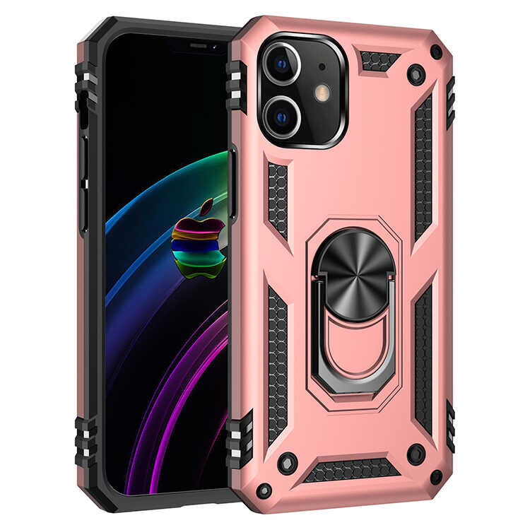 iPhone 12 Mini Kılıf Vega Tank Sert Yüzüklü Standlı Zırh Koruma Kapak Rose Gold
