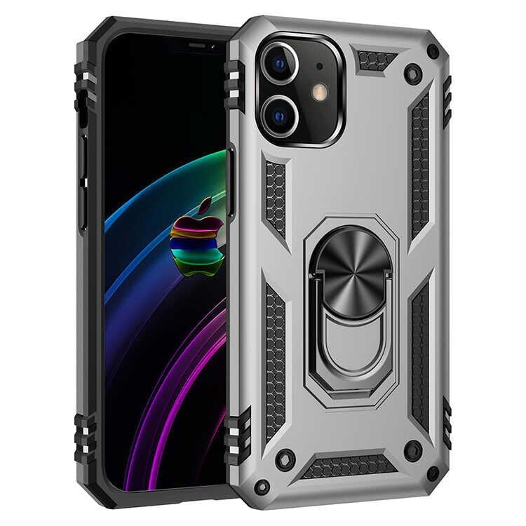 iPhone 12 Mini Kılıf Vega Tank Sert Yüzüklü Standlı Zırh Koruma Kapak Gri