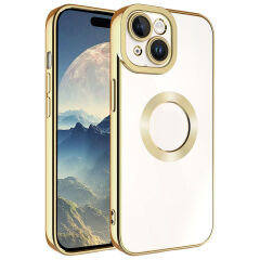 iPhone 15 Kılıf Kamera Korumalı Logo Gösteren Omega Kapak Gümüş