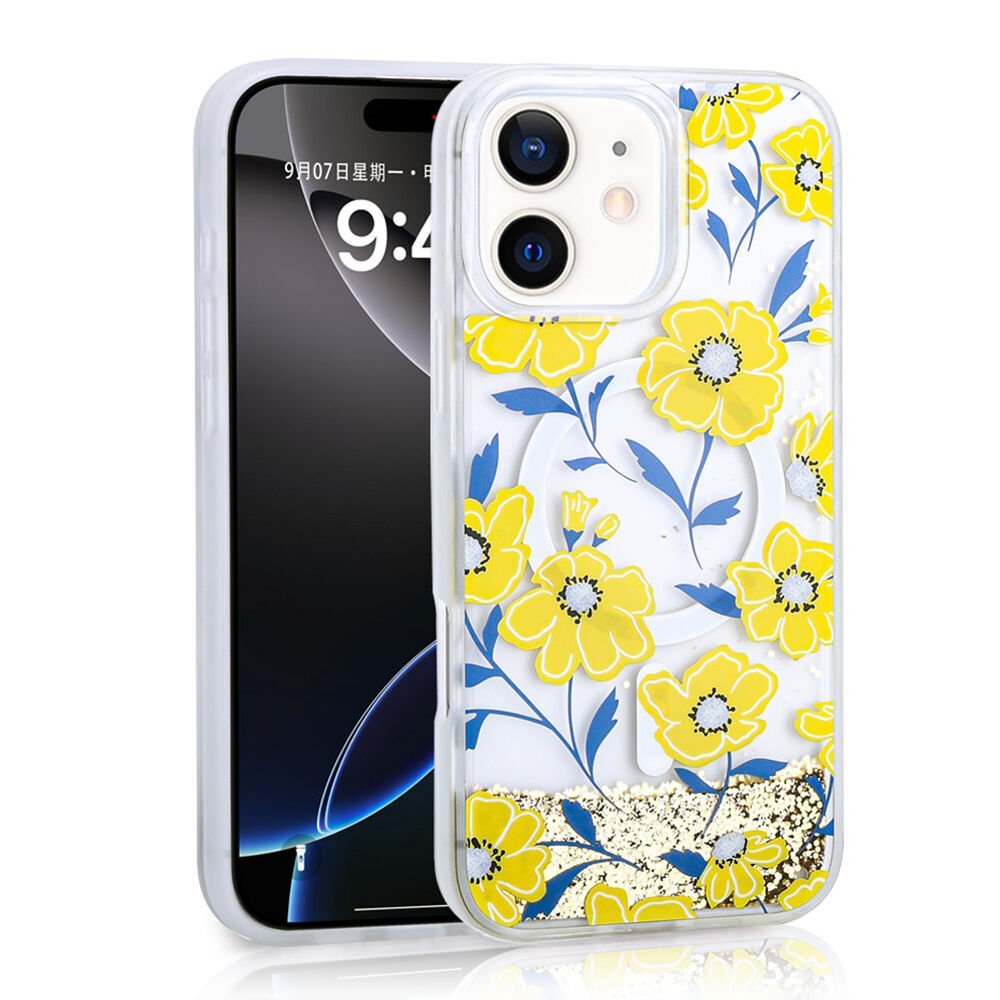 iPhone 11 Kılıf Sıvılı Simli Baskılı Şeffaf Arka Yüzey Mossa Silikon Kapak Sarı