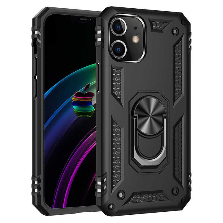 iPhone 12 Mini Kılıf Vega Tank Sert Yüzüklü Standlı Zırh Koruma Kapak Siyah