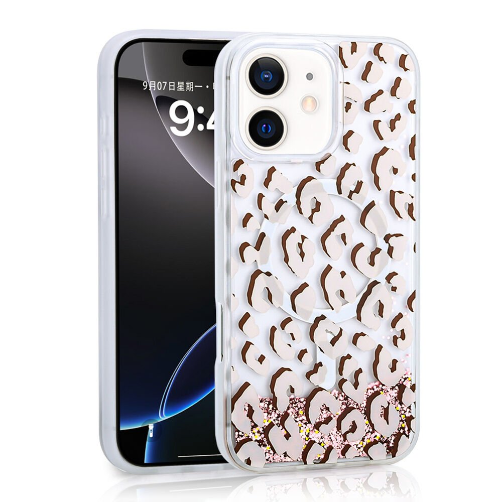 iPhone 12 Kılıf Sıvılı Simli Baskılı Şeffaf Arka Yüzey Mossa Silikon Kapak Pembe