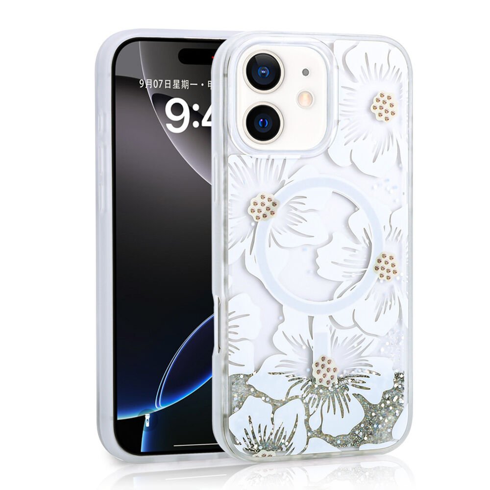 iPhone 12 Kılıf Sıvılı Simli Baskılı Şeffaf Arka Yüzey Mossa Silikon Kapak Gri