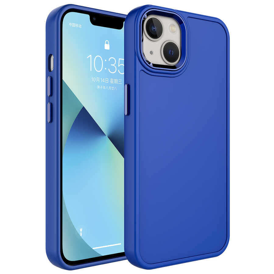 iPhone 14 Kılıf Metal Çerçeve ve Buton Tasarımlı Sert Botox Kapak Lacivert