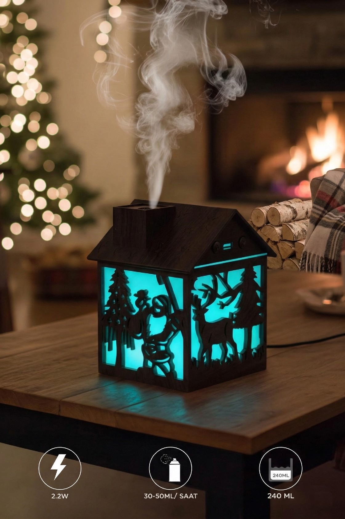 Hava Nemlendiricisi Buhar Makinesi Yılbaşı Temalı Ahşap Görünümlü 240 ML H14