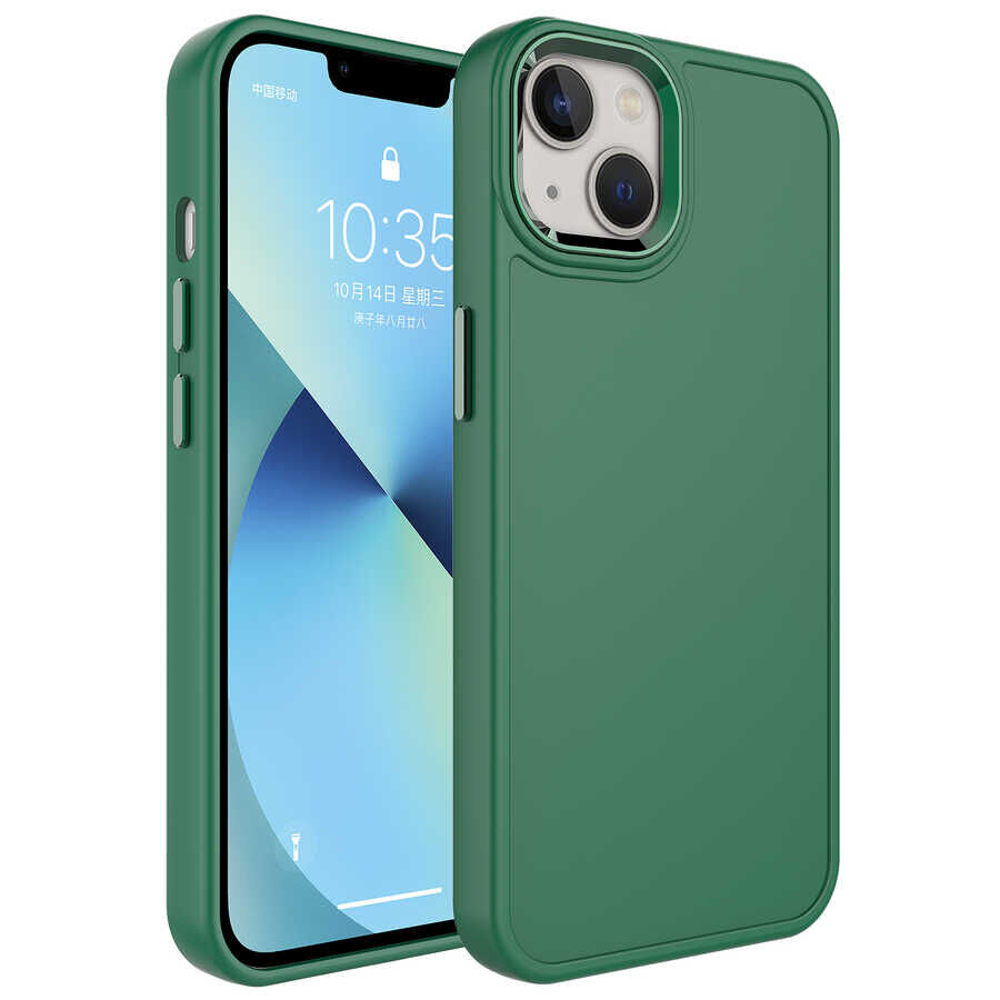 iPhone 14 Kılıf Metal Çerçeve ve Buton Tasarımlı Sert Botox Kapak Koyu Yeşil