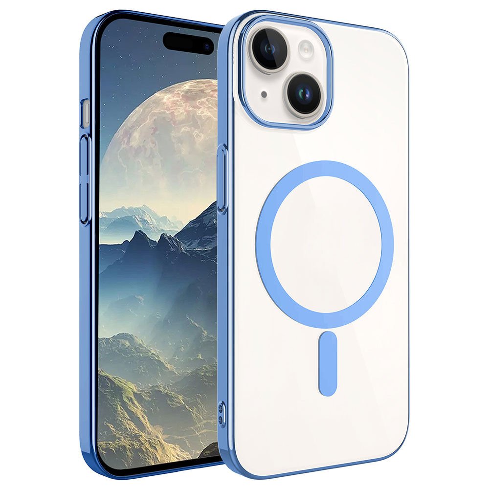 iPhone 15 Kılıf Wireless Şarj Özellikli Pixel Magsafe Kapak Mavi Açık