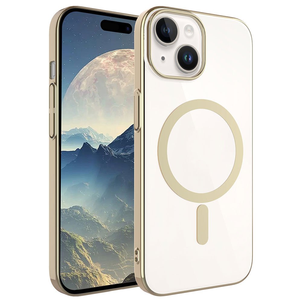 iPhone 15 Kılıf Wireless Şarj Özellikli Pixel Magsafe Kapak Gold