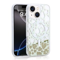 iPhone 13 Kılıf Sıvılı Simli Baskılı Şeffaf Arka Yüzey Mossa Silikon Kapak