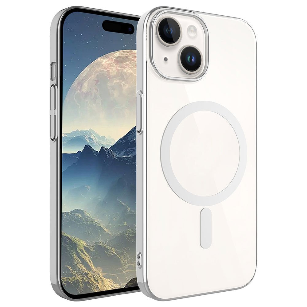 iPhone 15 Kılıf Wireless Şarj Özellikli Pixel Magsafe Kapak Gümüş