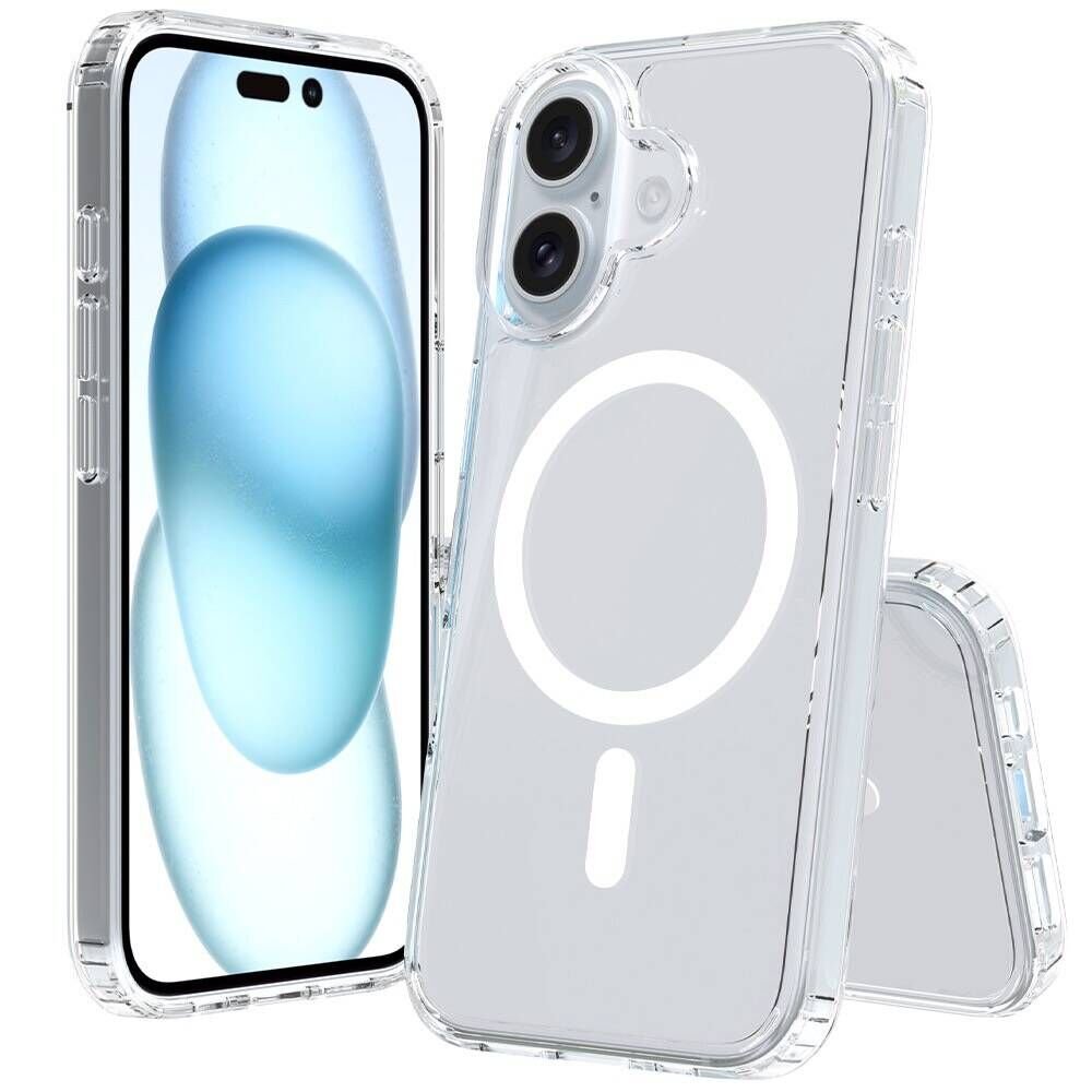 iPhone 16 Plus Kılıf Magsafe Şarj Özellikli Şeffaf Sert PC Embos Kapak Şeffaf