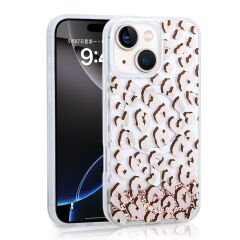 iPhone 14 Kılıf Sıvılı Simli Baskılı Şeffaf Arka Yüzey Mossa Silikon Kapak