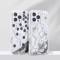 iPhone 14 Pro Max Kılıf Sıvılı Simli Baskılı Şeffaf Arka Yüzey Mossa Silikon Kapak